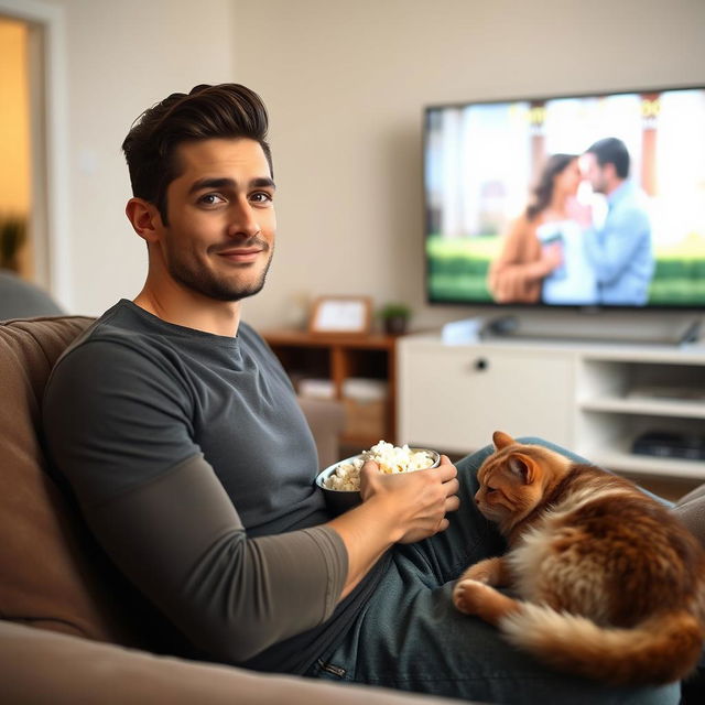 A handsome man with a well-defined jawline and warm brown eyes, sitting comfortably on a plush sofa in a cozy living room