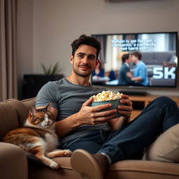 A handsome man with a well-defined jawline and warm brown eyes, sitting comfortably on a plush sofa in a cozy living room