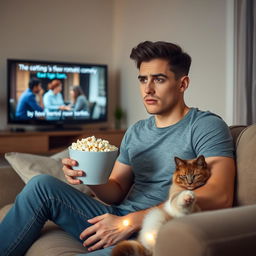 A handsome man with a well-defined jawline and warm brown eyes, sitting on a plush sofa in a cozy living room