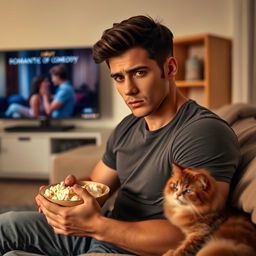 A handsome man with a well-defined jawline and warm brown eyes, sitting on a plush sofa in a cozy living room