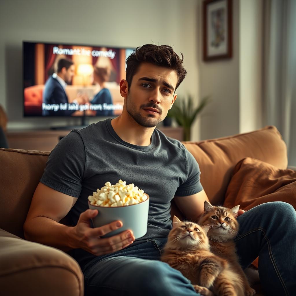 A handsome man with a well-defined jawline and warm brown eyes, sitting on a plush sofa in a cozy living room