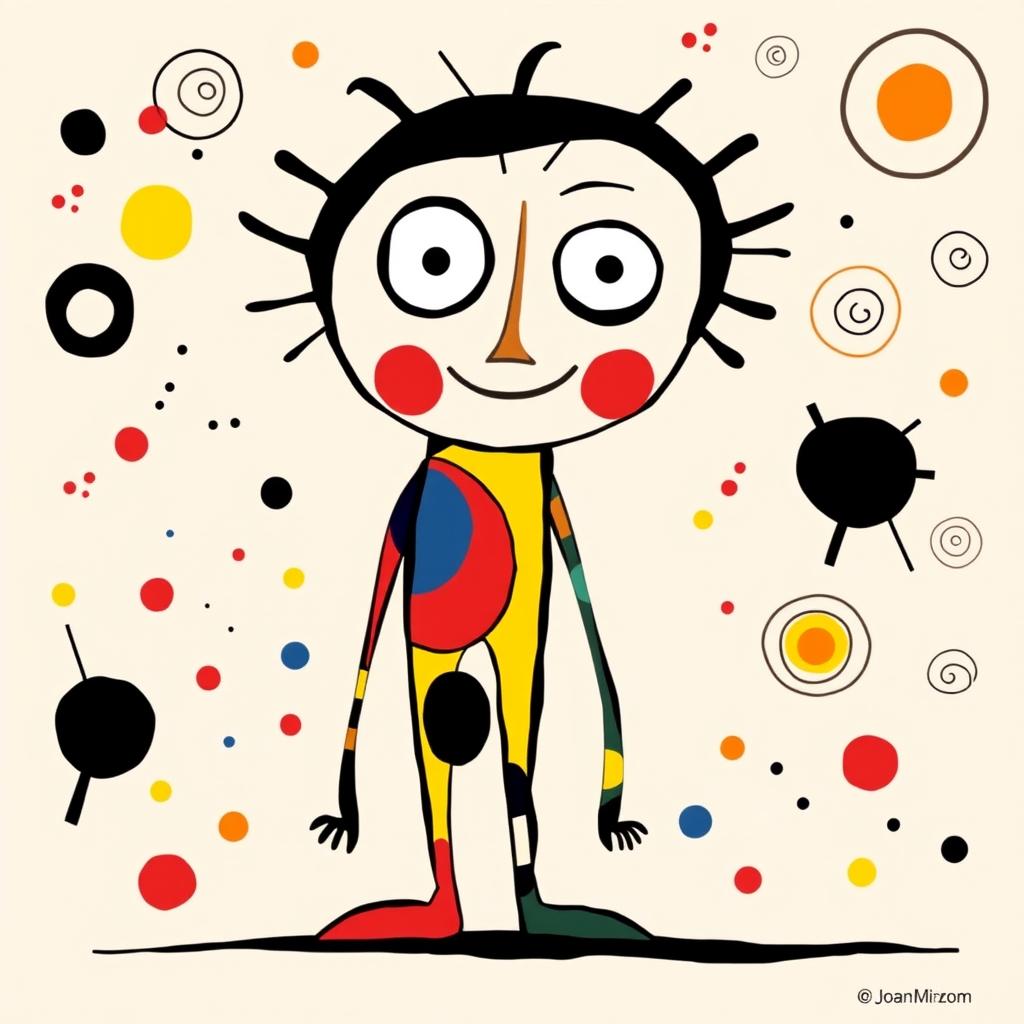 a character inspired by the minimalist style of Joan Miró, featuring abstract shapes, vivid colors, and whimsical forms