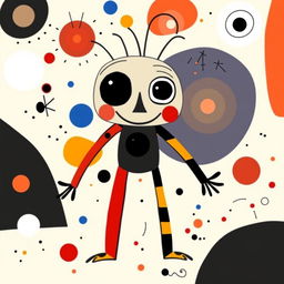 a character inspired by the minimalist style of Joan Miró, featuring abstract shapes, vivid colors, and whimsical forms