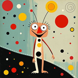 a character inspired by the minimalist style of Joan Miró, featuring abstract shapes, vivid colors, and whimsical forms