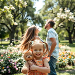 A woman and a man sharing a gentle kiss in the background, while in the foreground, a little girl with a joyful expression holds a teddy bear