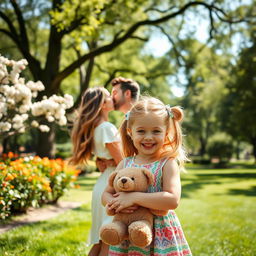 A woman and a man sharing a gentle kiss in the background, while in the foreground, a little girl with a joyful expression holds a teddy bear