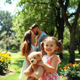 A woman and a man sharing a gentle kiss in the background, while in the foreground, a little girl with a joyful expression holds a teddy bear