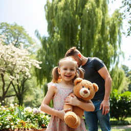 A woman and a man sharing a gentle kiss in the background, while in the foreground, a little girl with a joyful expression holds a teddy bear