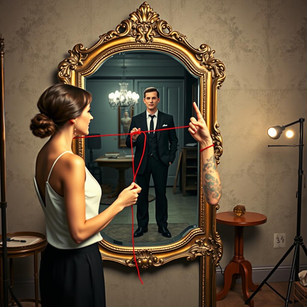 A digitally crafted image of a modern 21st-century woman standing in front of an antique Victorian mirror