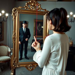 A digitally crafted image of a modern 21st-century woman standing in front of an antique Victorian mirror