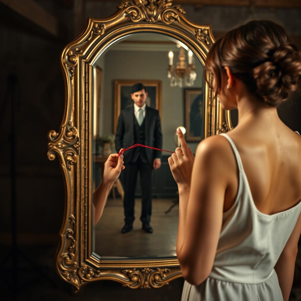 A digitally crafted image of a modern 21st-century woman standing in front of an antique Victorian mirror