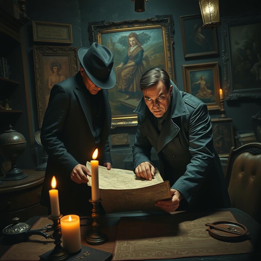 two charismatic thieves in a dimly lit, vintage-style hideout filled with ancient artifacts and old paintings