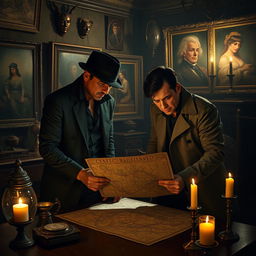 two charismatic thieves in a dimly lit, vintage-style hideout filled with ancient artifacts and old paintings