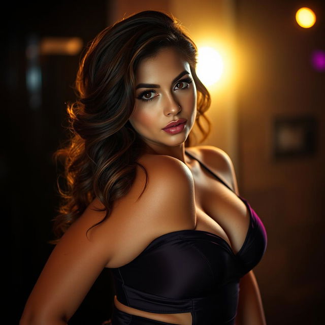 A sexy curvy woman with an alluring gaze, wearing a stunning outfit that accentuates her curvy figure, set against a backdrop that enhances her vibrant presence