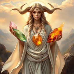 A breathtaking depiction of the Taurus Goddess, embodying the qualities of Venus and the Earth sign, gracefully holding an array of crystals