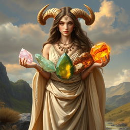 A breathtaking depiction of the Taurus Goddess, embodying the qualities of Venus and the Earth sign, gracefully holding an array of crystals