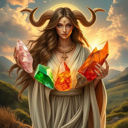 A breathtaking depiction of the Taurus Goddess, embodying the qualities of Venus and the Earth sign, gracefully holding an array of crystals