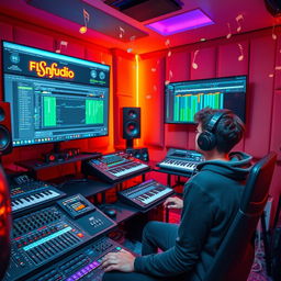 A vibrant and dynamic studio environment filled with professional audio equipment, showcasing FL Studio software interface on a large screen