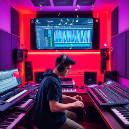 A vibrant and dynamic studio environment filled with professional audio equipment, showcasing FL Studio software interface on a large screen