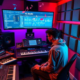 A vibrant and dynamic studio environment filled with professional audio equipment, showcasing FL Studio software interface on a large screen