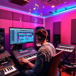 A vibrant and dynamic studio environment filled with professional audio equipment, showcasing FL Studio software interface on a large screen