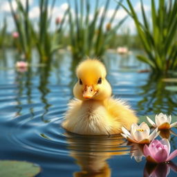 a cute yellow duckling with soft, fluffy feathers, paddling happily on a serene pond