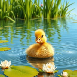 a cute yellow duckling with soft, fluffy feathers, paddling happily on a serene pond