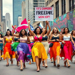 An empowered and dynamic scene of women marching confidently, dressed in brightly colored skirts, each with their own unique style and flair