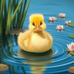 a cute yellow duckling with soft, fluffy feathers, paddling happily on a serene pond