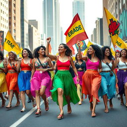 An empowered and dynamic scene of women marching confidently, dressed in brightly colored skirts, each with their own unique style and flair