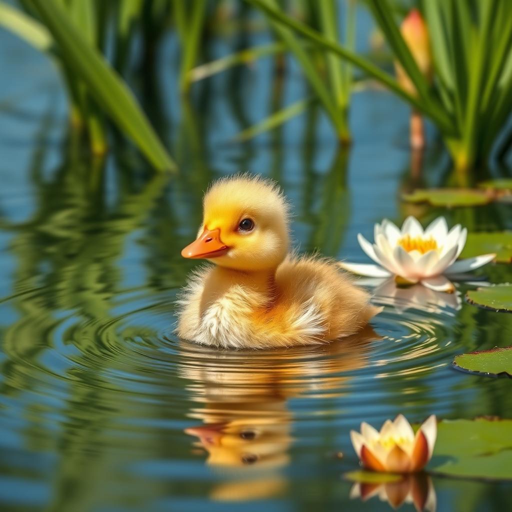 a cute yellow duckling with soft, fluffy feathers, paddling happily on a serene pond