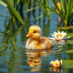 a cute yellow duckling with soft, fluffy feathers, paddling happily on a serene pond