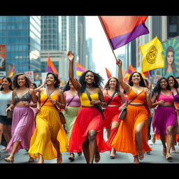 An empowered and dynamic scene of women marching confidently, dressed in brightly colored skirts, each with their own unique style and flair