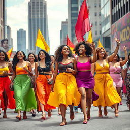 An empowered and dynamic scene of women marching confidently, dressed in brightly colored skirts, each with their own unique style and flair