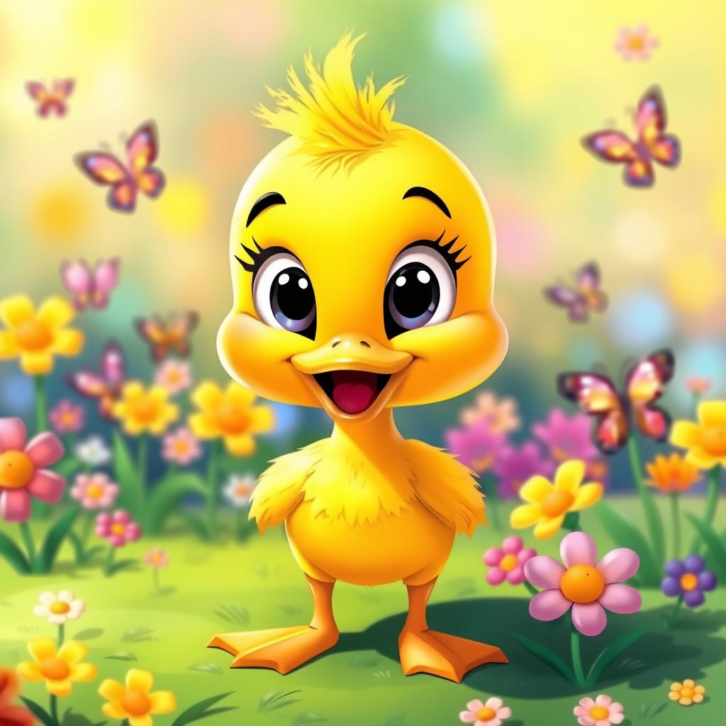 an adorable animated-style duckling with vibrant yellow feathers, large expressive eyes, and a cheerful demeanor