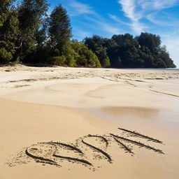 Scenic beach near the blue ocean, with a sprinkling of trees, and the word 'RAMADAN' etched into the sand, enhanced by a heart symbol.