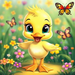 an adorable animated-style duckling with vibrant yellow feathers, large expressive eyes, and a cheerful demeanor