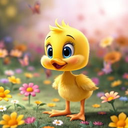 an adorable animated-style duckling with vibrant yellow feathers, large expressive eyes, and a cheerful demeanor