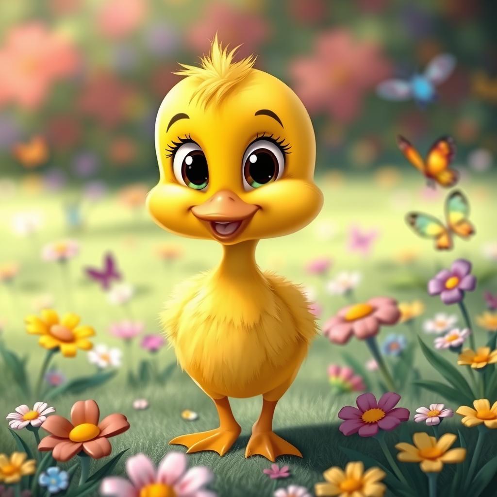 an adorable animated-style duckling with vibrant yellow feathers, large expressive eyes, and a cheerful demeanor