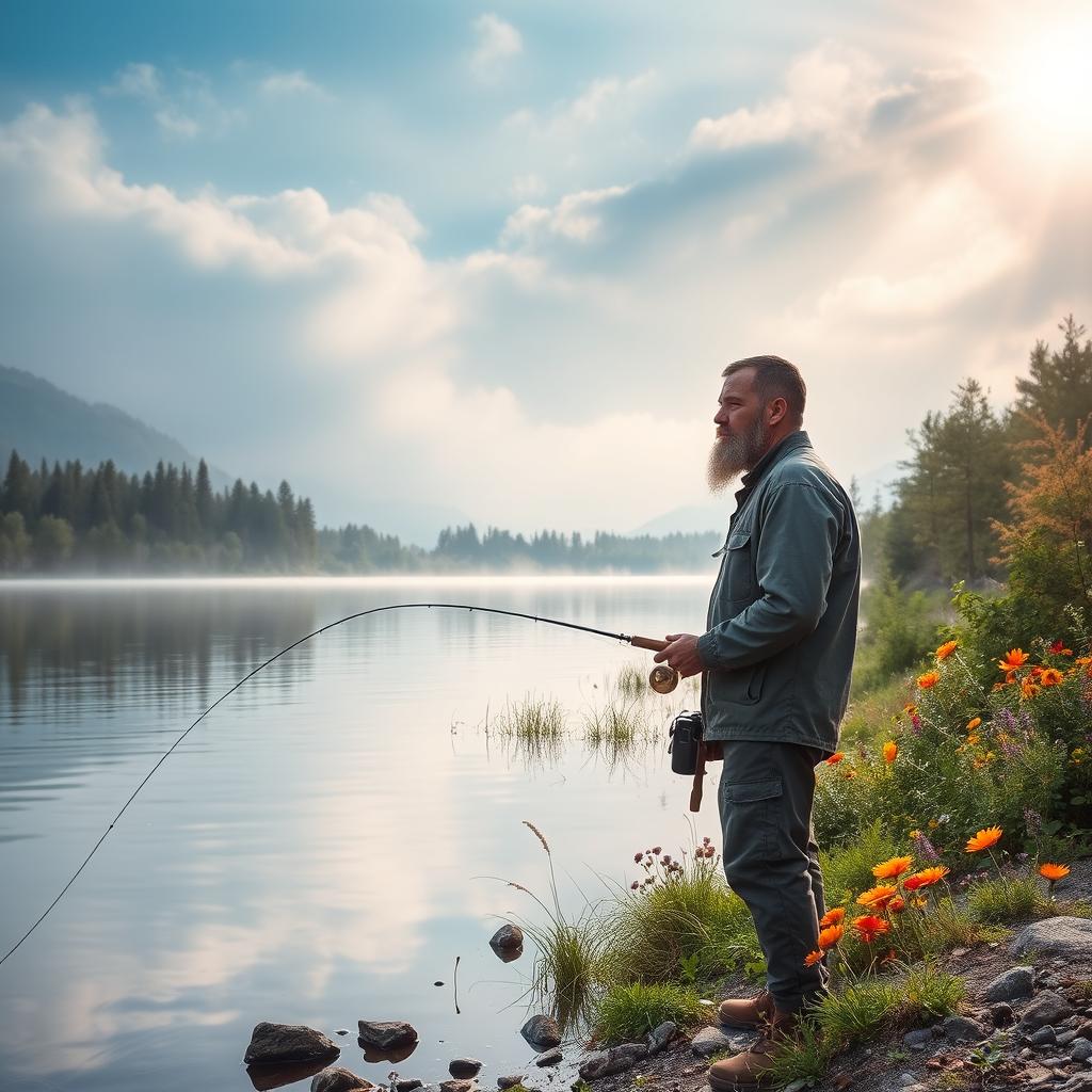 A contemplative fisherman standing at the edge of a serene lake, casting his fishing line into the tranquil water