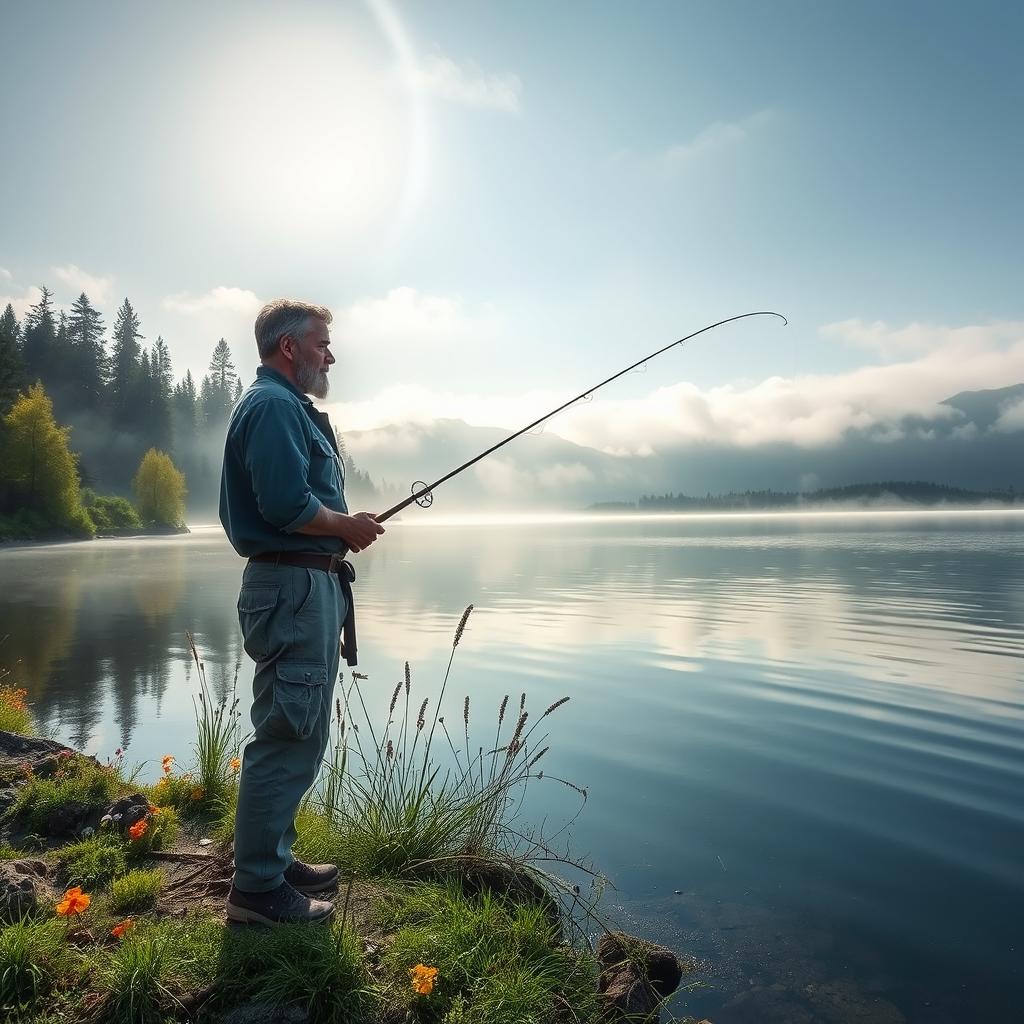 A contemplative fisherman standing at the edge of a serene lake, casting his fishing line into the tranquil water