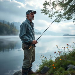 A contemplative fisherman standing at the edge of a serene lake, casting his fishing line into the tranquil water