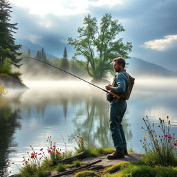 A contemplative fisherman standing at the edge of a serene lake, casting his fishing line into the tranquil water