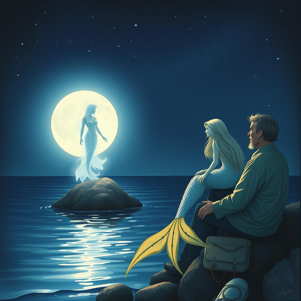 A tranquil scene depicting a fisherman sitting by the edge of a calm, moonlit ocean with a serene expression