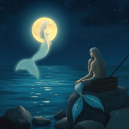 A tranquil scene depicting a fisherman sitting by the edge of a calm, moonlit ocean with a serene expression