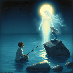 A tranquil scene depicting a fisherman sitting by the edge of a calm, moonlit ocean with a serene expression