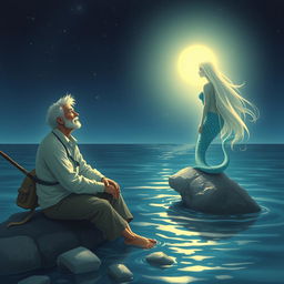 A tranquil scene depicting a fisherman sitting by the edge of a calm, moonlit ocean with a serene expression