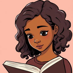 A portrait icon of a light-skinned girl with medium-length, curly hair, her expression focused as she reads