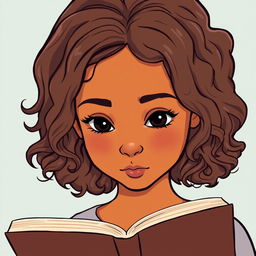 A portrait icon of a light-skinned girl with medium-length, curly hair, her expression focused as she reads