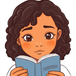 A portrait icon of a light-skinned girl with medium-length, curly hair, her expression focused as she reads